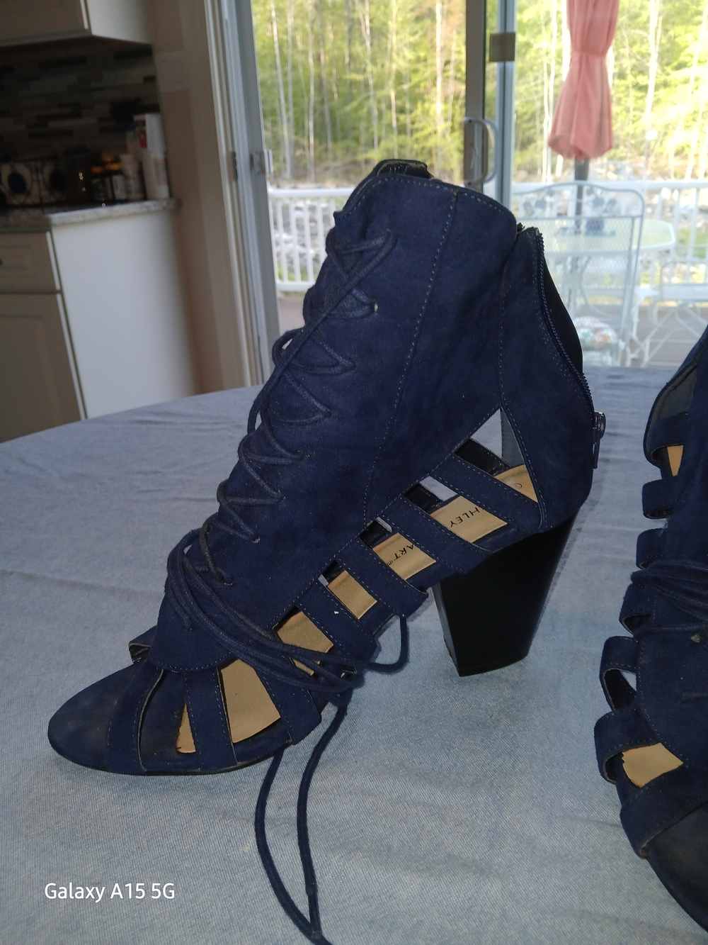 Ashley Stewart Navy Suede Lace-Up Cutout Block Heels